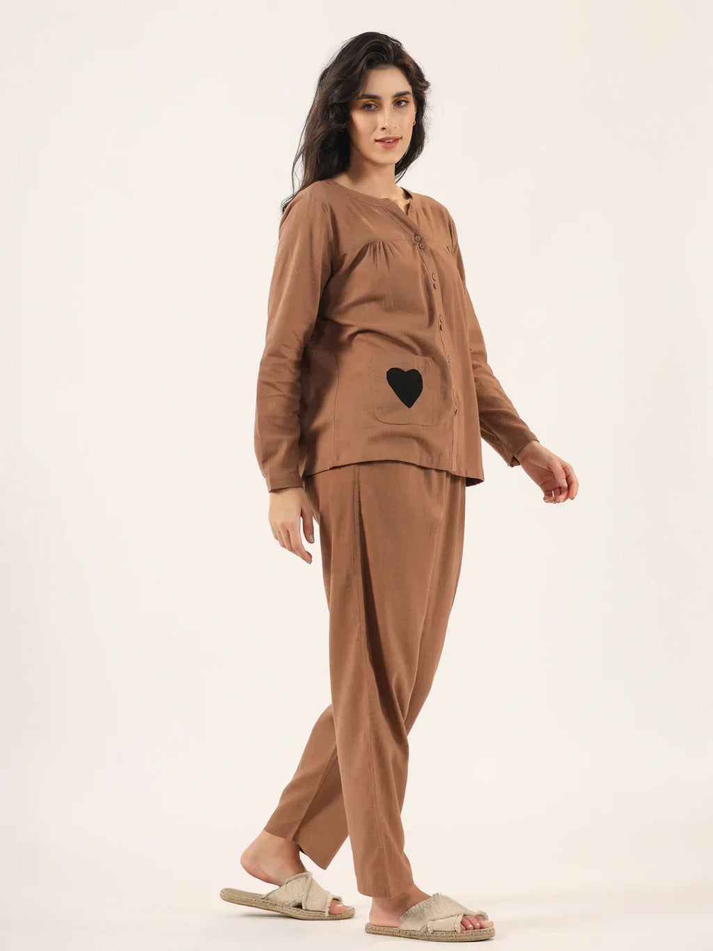 Brown Solid Cotton Round Neck Night Suit - SanskrutiHomes 