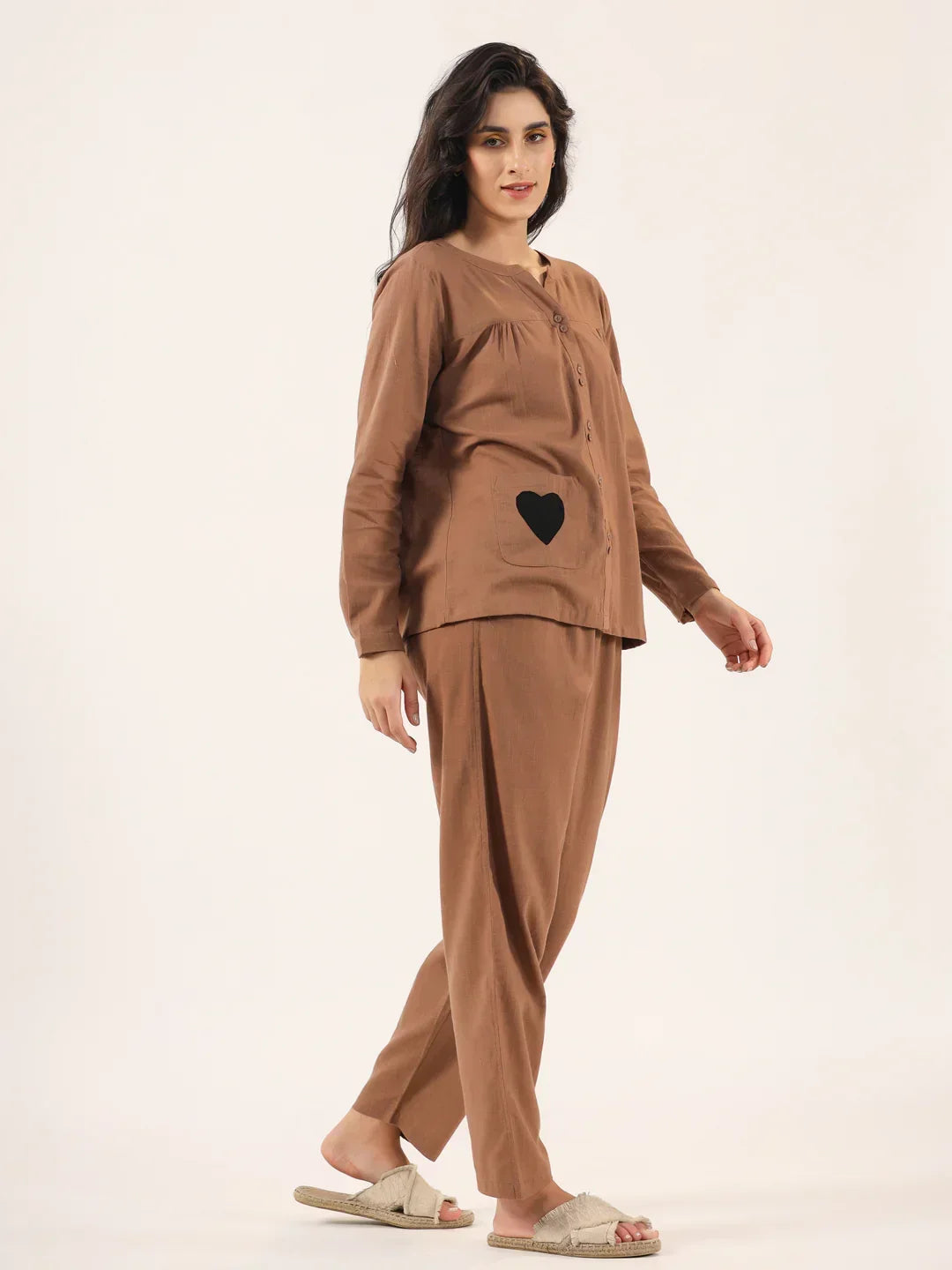Brown Solid Cotton Round Neck Night Suit - SanskrutiHomes 