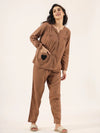 Brown Solid Notch V-Neck Cotton Slit Linen Night Suit For Women