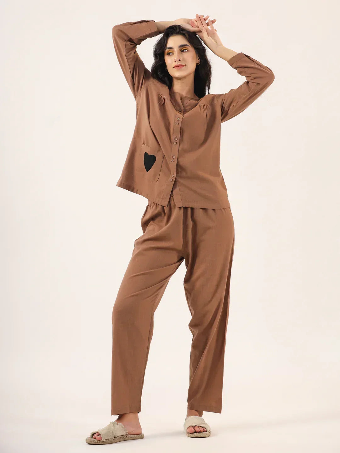 Brown Solid Cotton Round Neck Night Suit - SanskrutiHomes 
