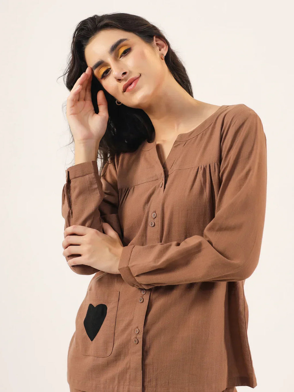 Brown Solid Cotton Round Neck Night Suit - SanskrutiHomes 