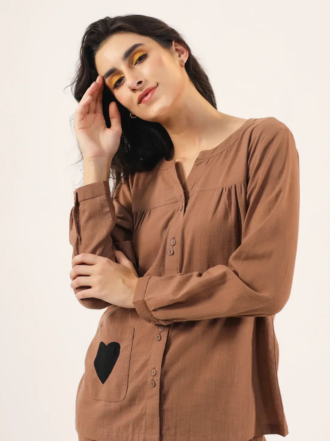 Brown Solid Cotton Round Neck Night Suit - SanskrutiHomes 