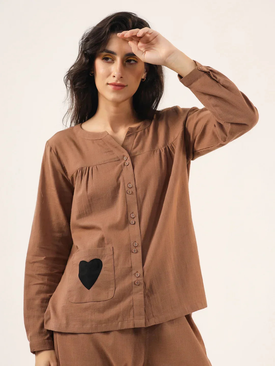 Brown Solid Cotton Round Neck Night Suit - SanskrutiHomes 