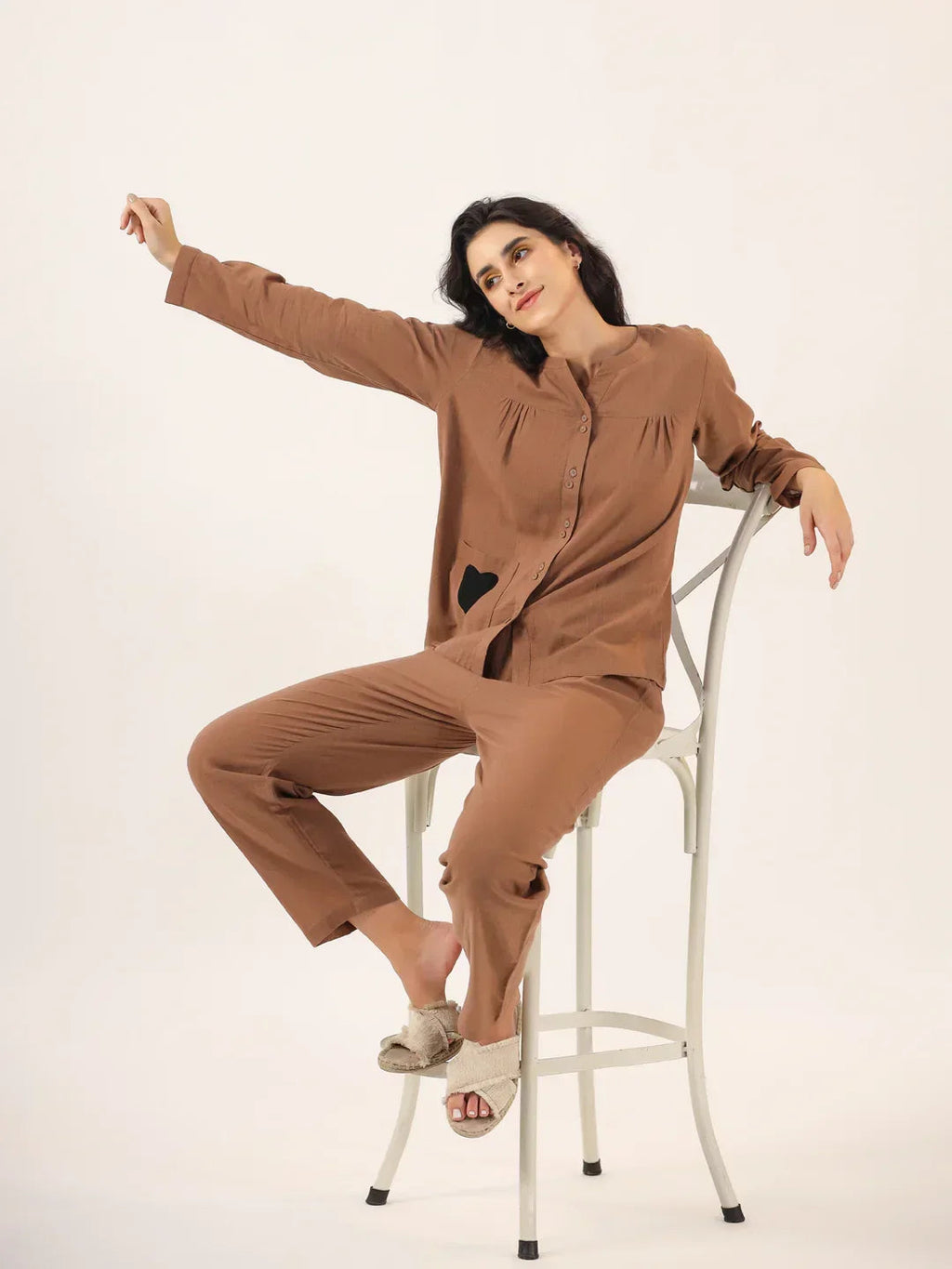 Brown Solid Cotton Round Neck Night Suit - SanskrutiHomes 