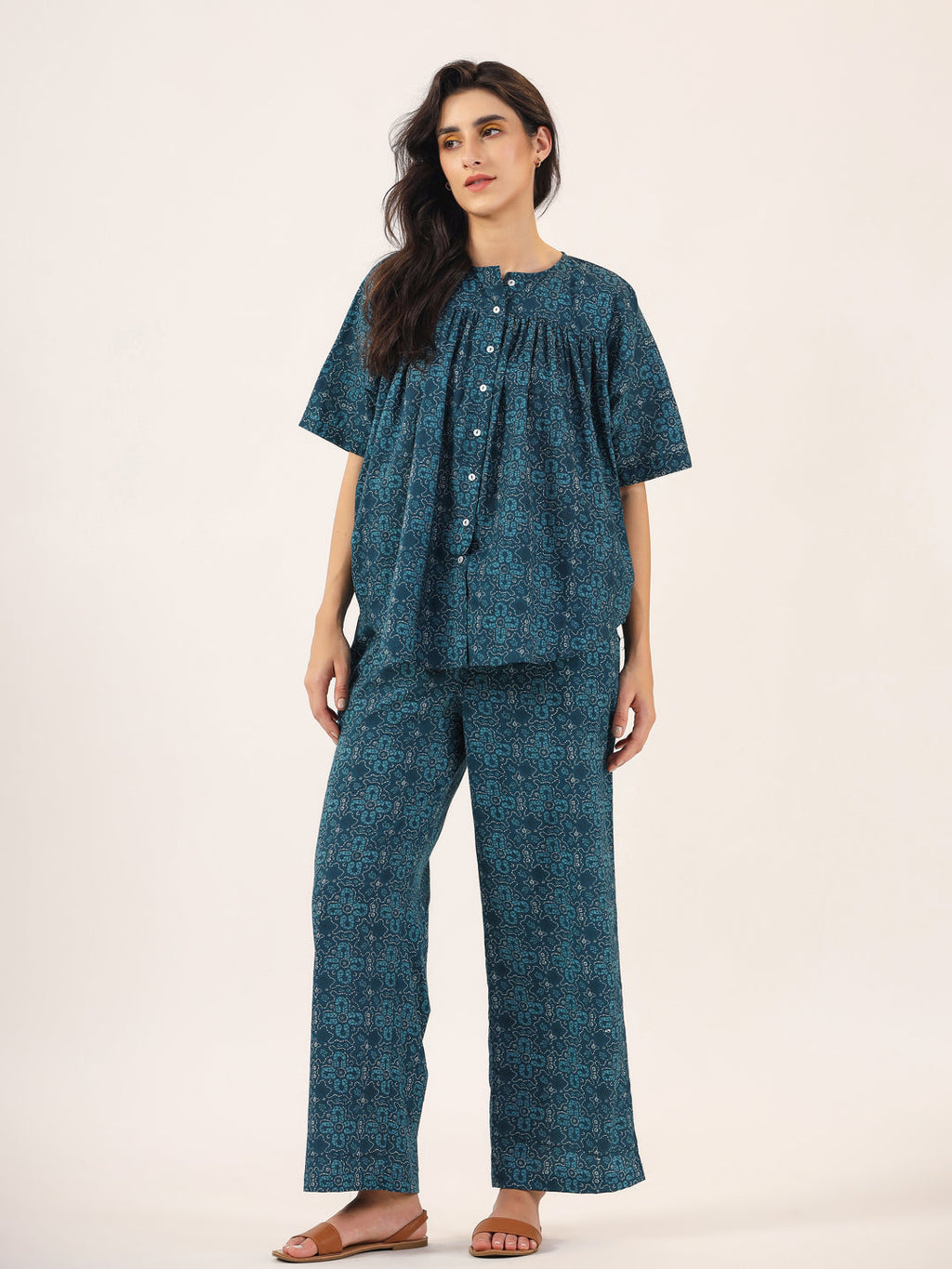 Blue Printed Round Neck Cotton Night Suit Set For Women