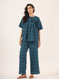 Blue Printed Round Neck Cotton Night Suit Set For Women