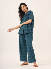 Blue Printed Round Neck Cotton Night Suit Set For Women