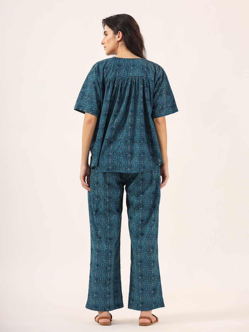 Blue Printed Round Neck Cotton Night Suit Set For Women