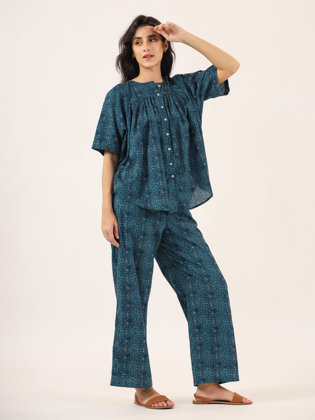 Blue Printed Round Neck Cotton Night Suit Set For Women