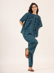 Blue Printed Round Neck Cotton Night Suit Set For Women