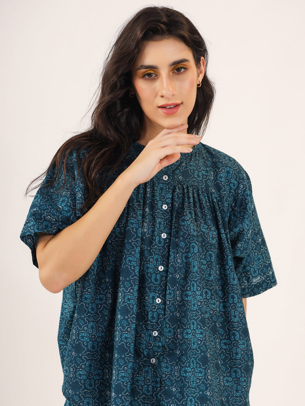 Blue Printed Round Neck Cotton Night Suit Set For Women