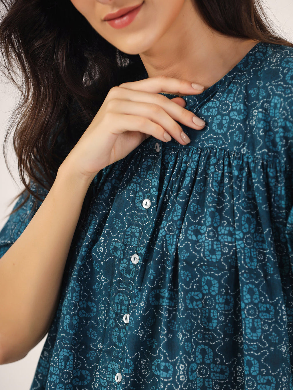 Blue Printed Round Neck Cotton Night Suit Set For Women