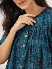 Blue Printed Round Neck Cotton Night Suit Set For Women