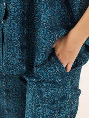 Blue Printed Round Neck Cotton Night Suit Set For Women