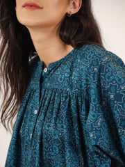 Blue Printed Round Neck Cotton Night Suit Set For Women