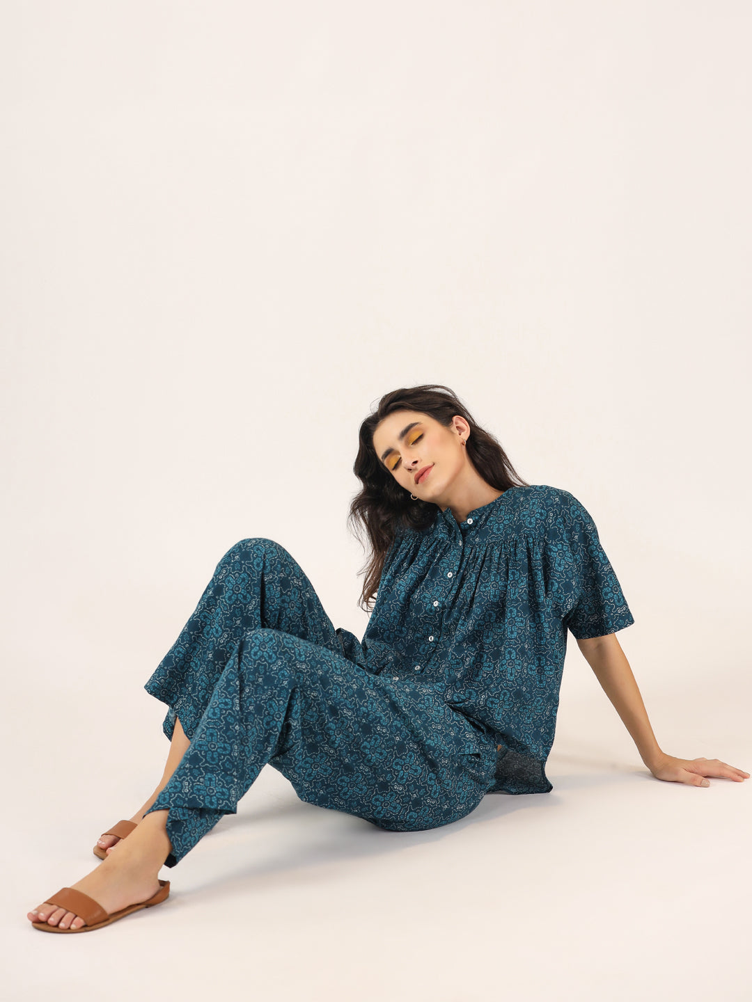 Blue Printed Round Neck Cotton Night Suit Set For Women