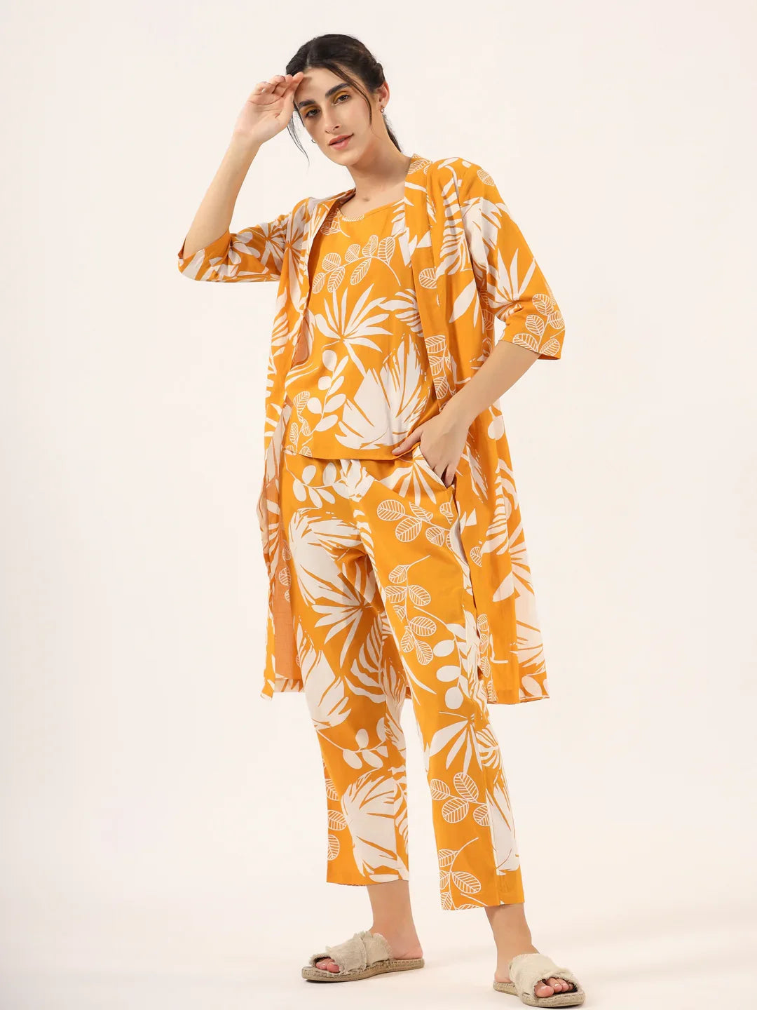 Yellow Pure Cotton 3 peice Night SUIT - SanskrutiHomes 