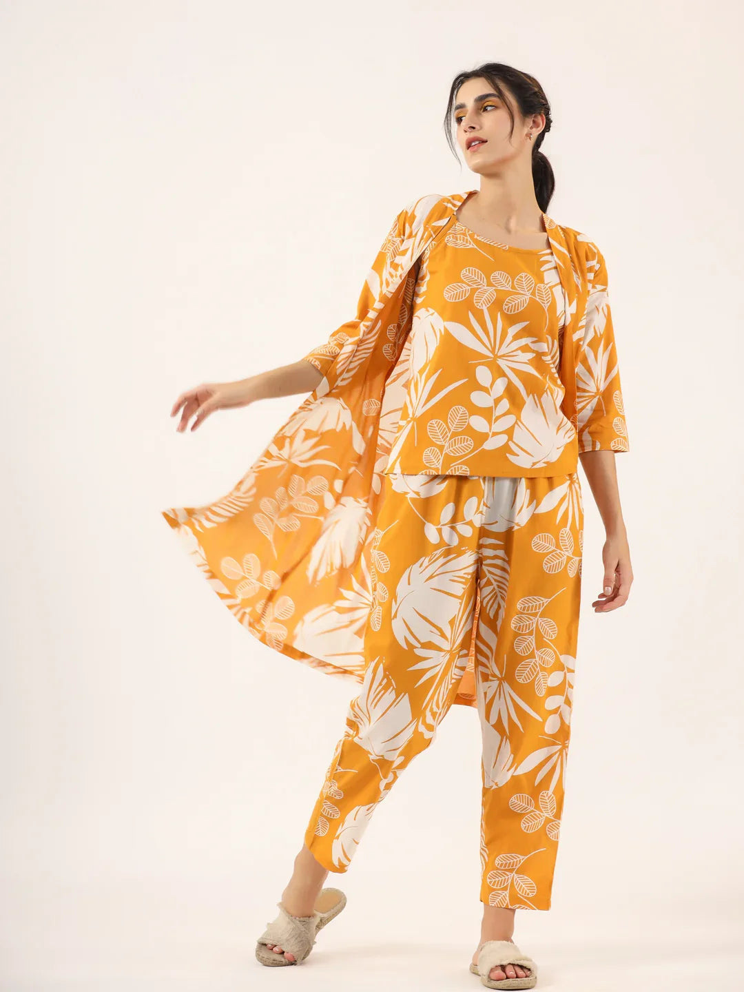 Yellow Pure Cotton 3 peice Night SUIT - SanskrutiHomes 