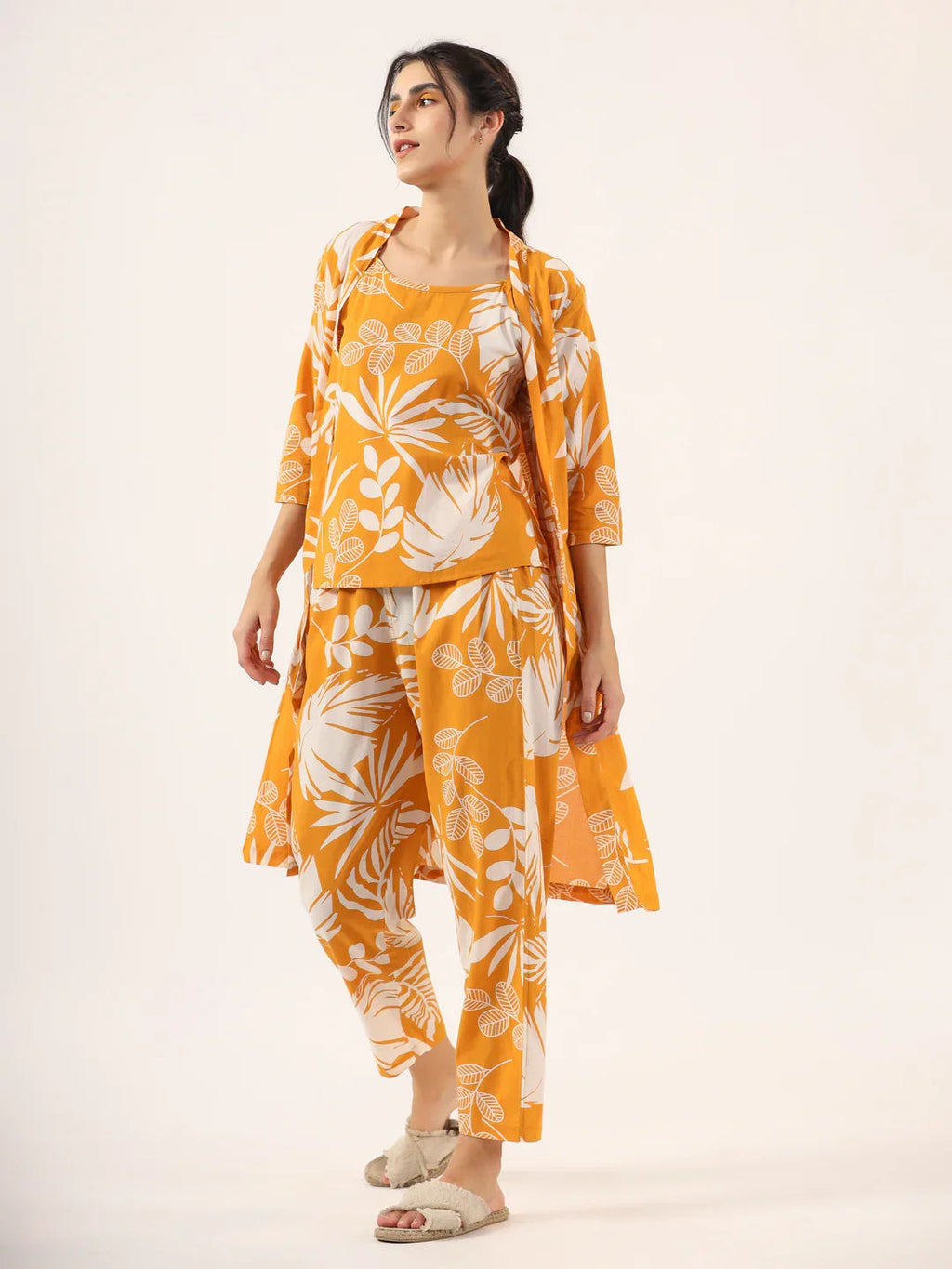Yellow Pure Cotton 3 peice Night SUIT - SanskrutiHomes 