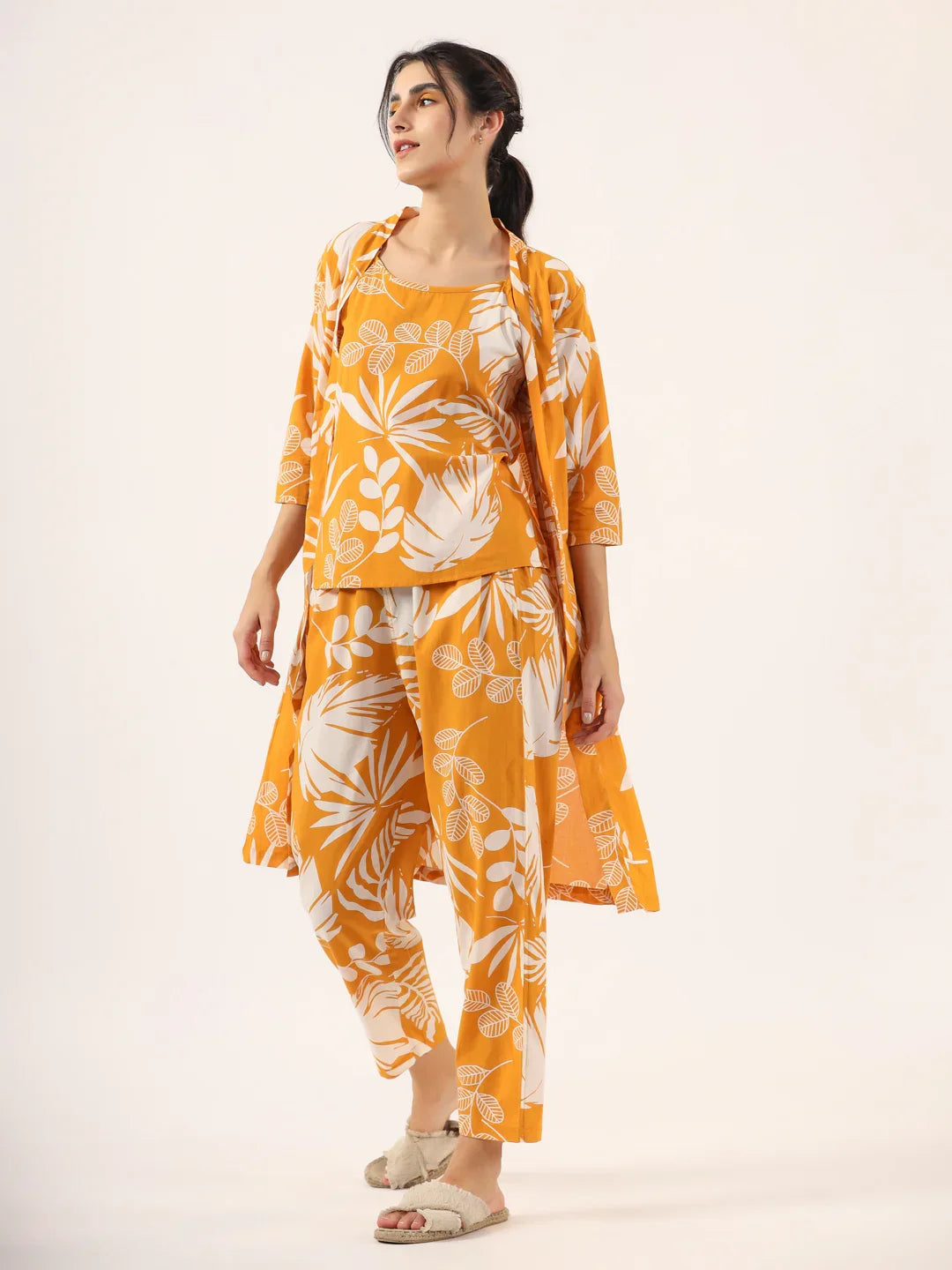 Yellow Pure Cotton 3 peice Night SUIT - SanskrutiHomes 