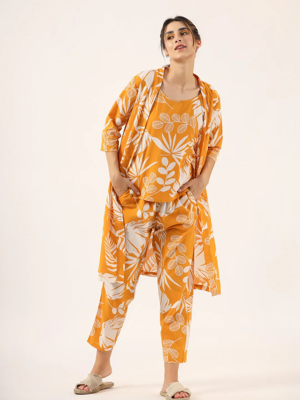 Yellow Pure Cotton 3 peice Night SUIT - SanskrutiHomes 