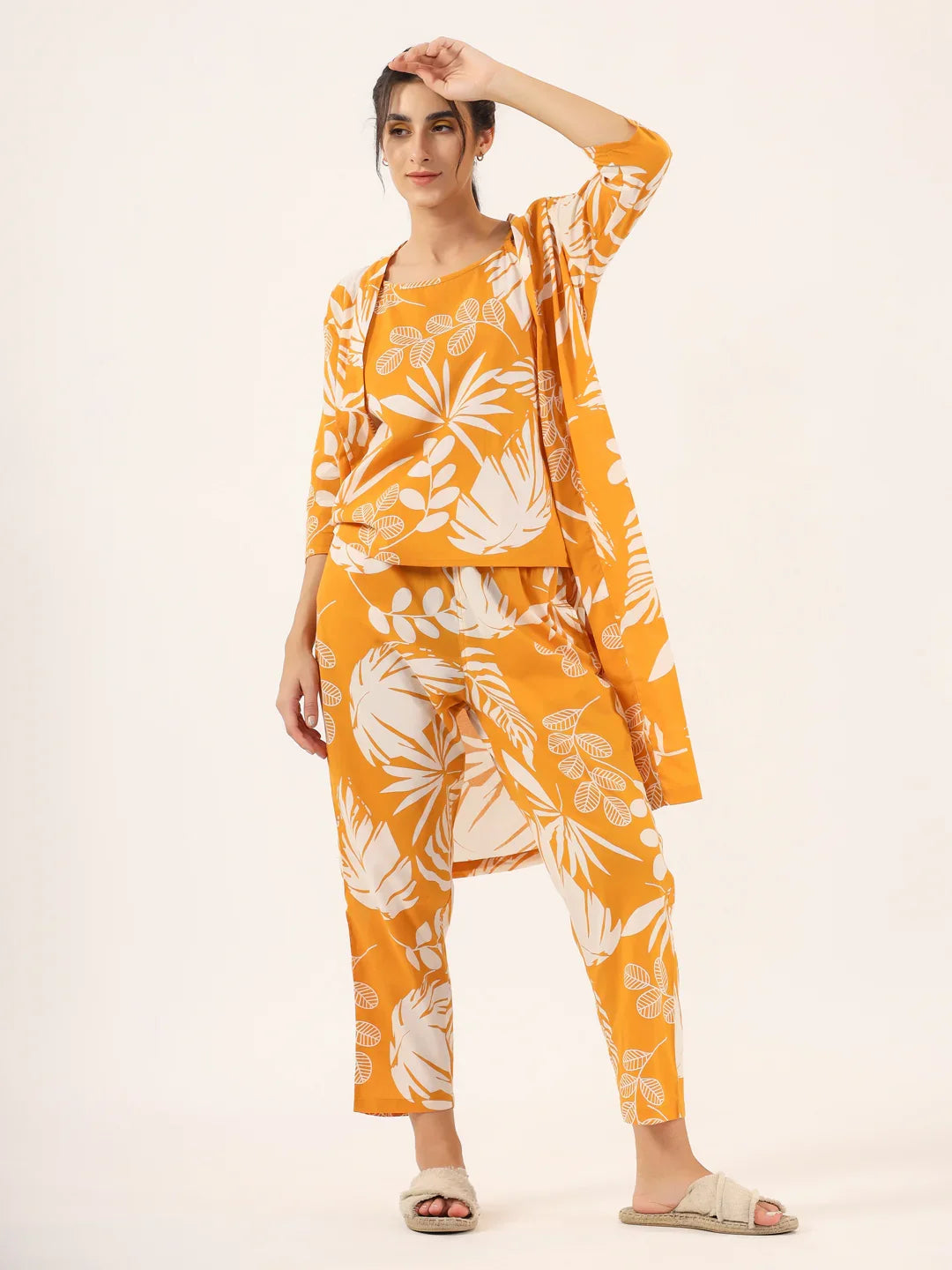 Yellow Pure Cotton 3 peice Night SUIT - SanskrutiHomes 