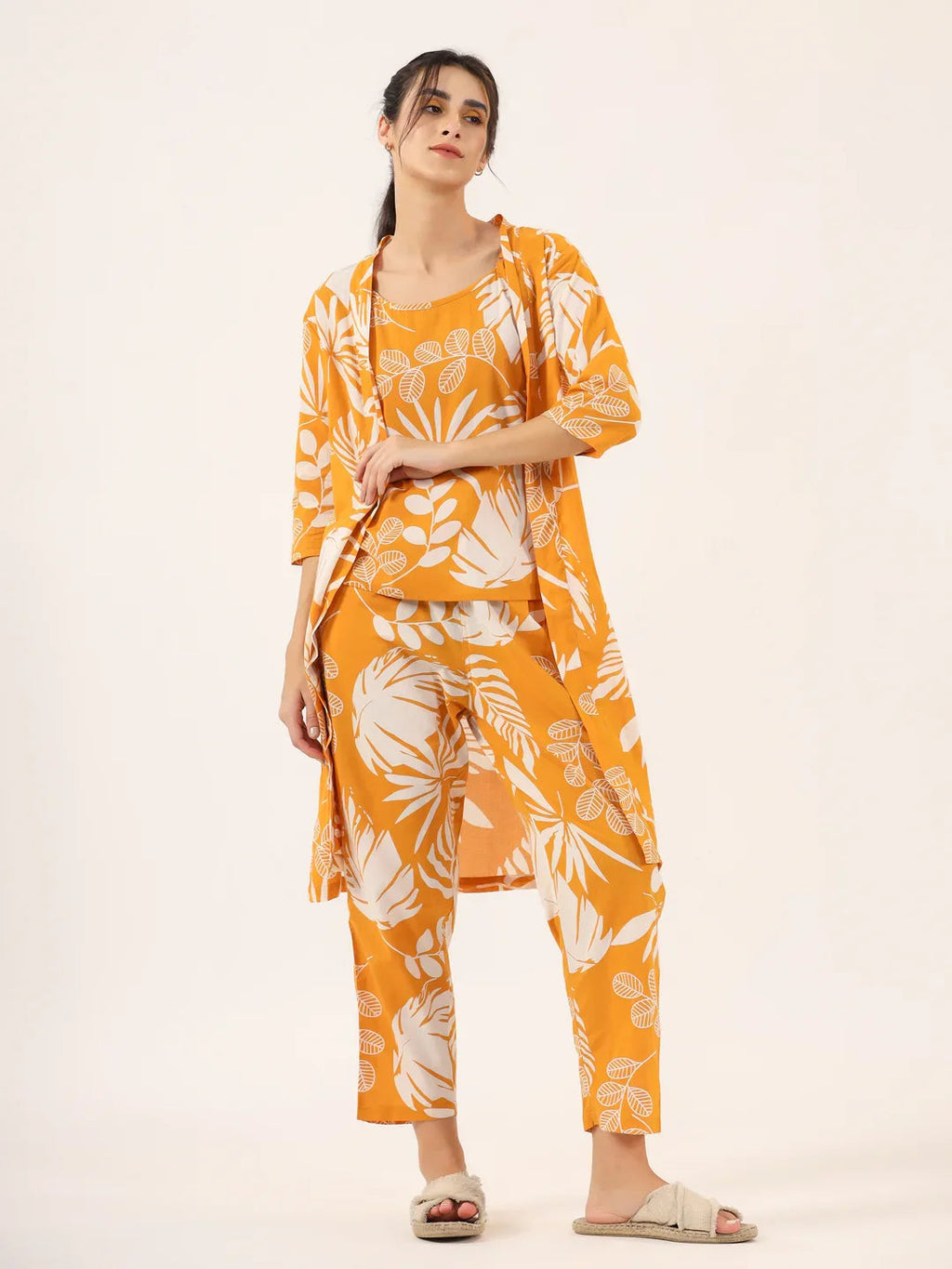 Yellow Pure Cotton 3 peice Night SUIT - SanskrutiHomes 