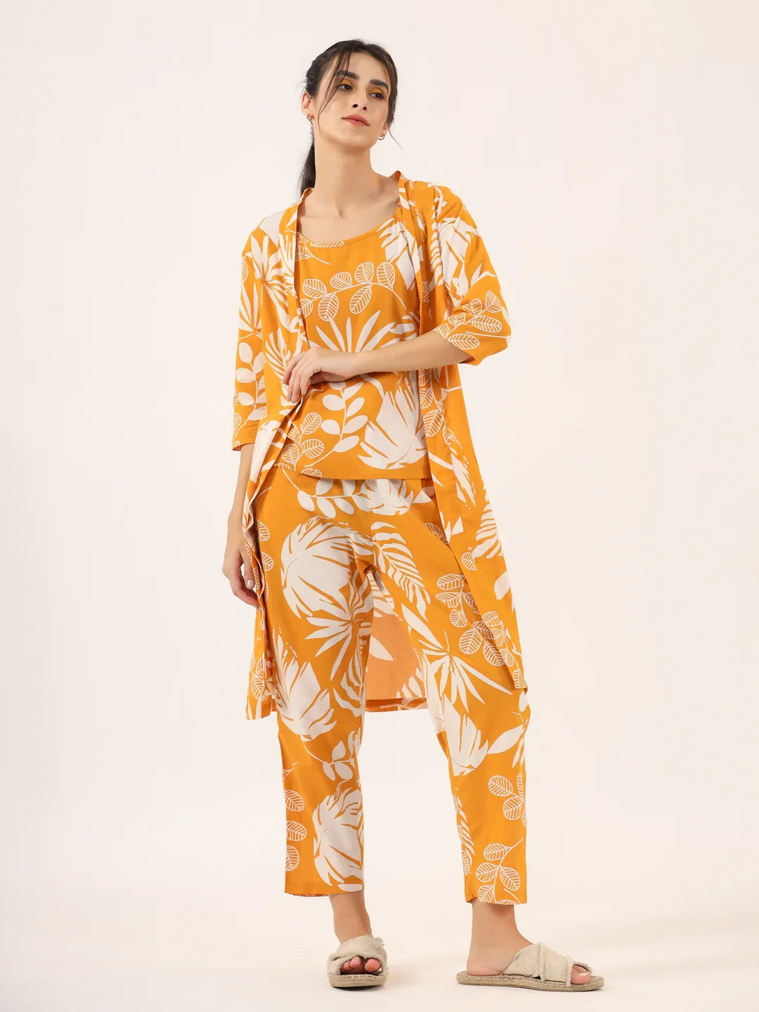 Yellow Pure Cotton 3 peice Night SUIT - SanskrutiHomes 