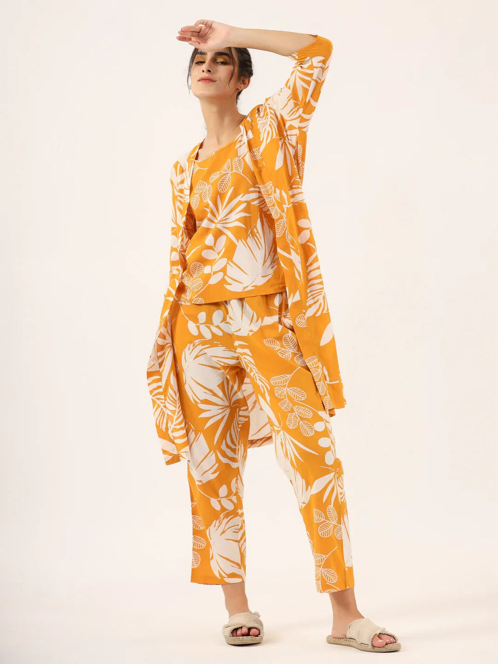 Yellow Pure Cotton 3 peice Night SUIT - SanskrutiHomes 