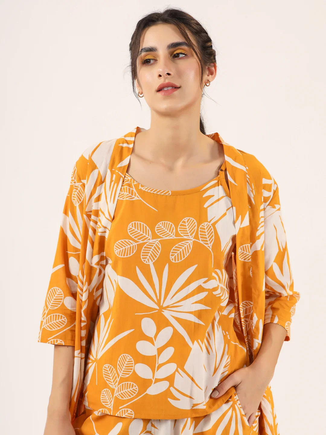 Yellow Pure Cotton 3 peice Night SUIT - SanskrutiHomes 