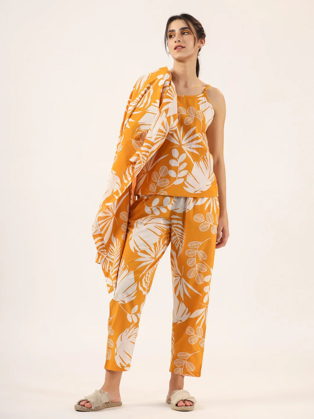 Yellow Pure Cotton 3 peice Night SUIT - SanskrutiHomes 