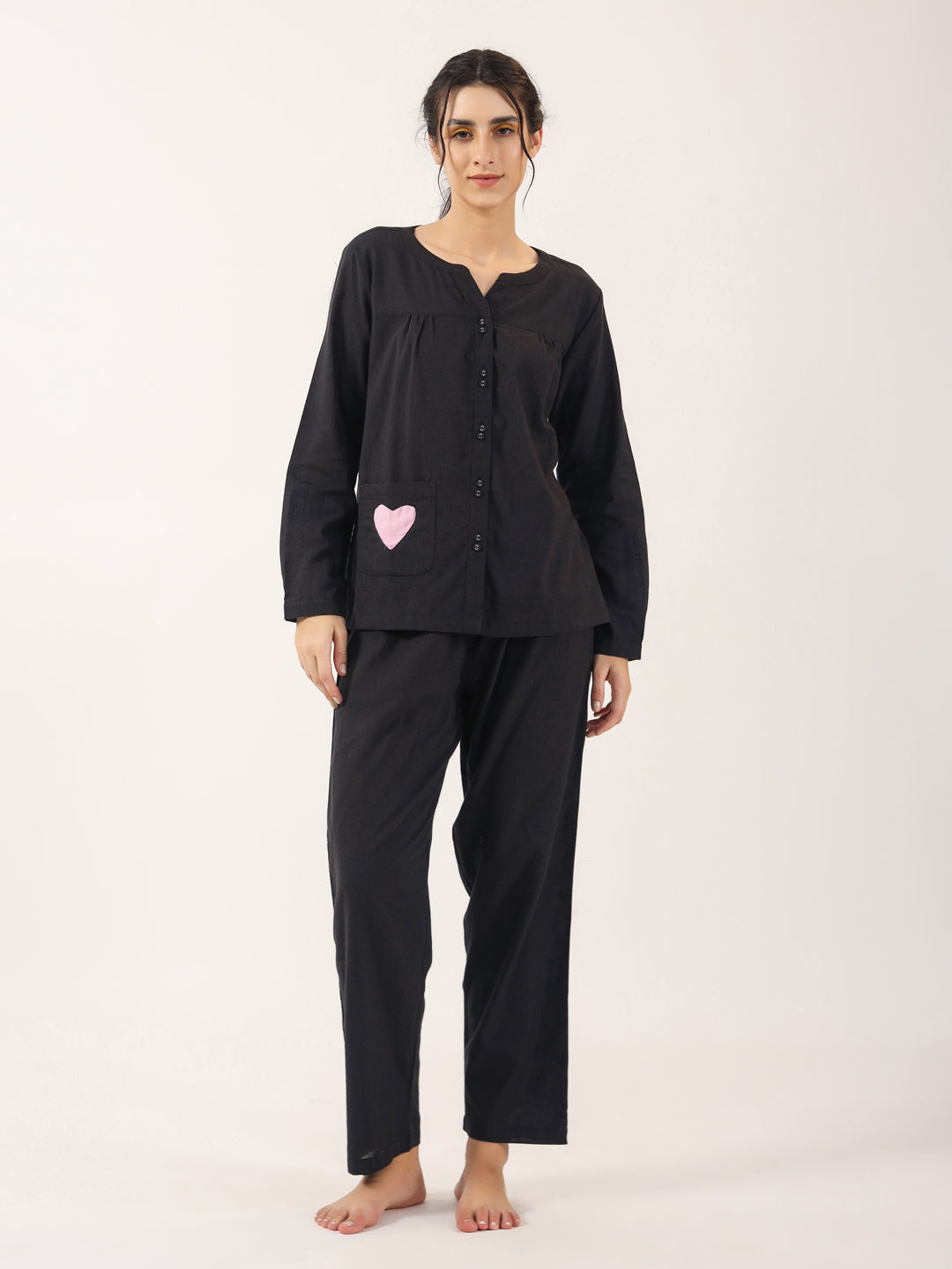 Black Solid Cotton Night Suit