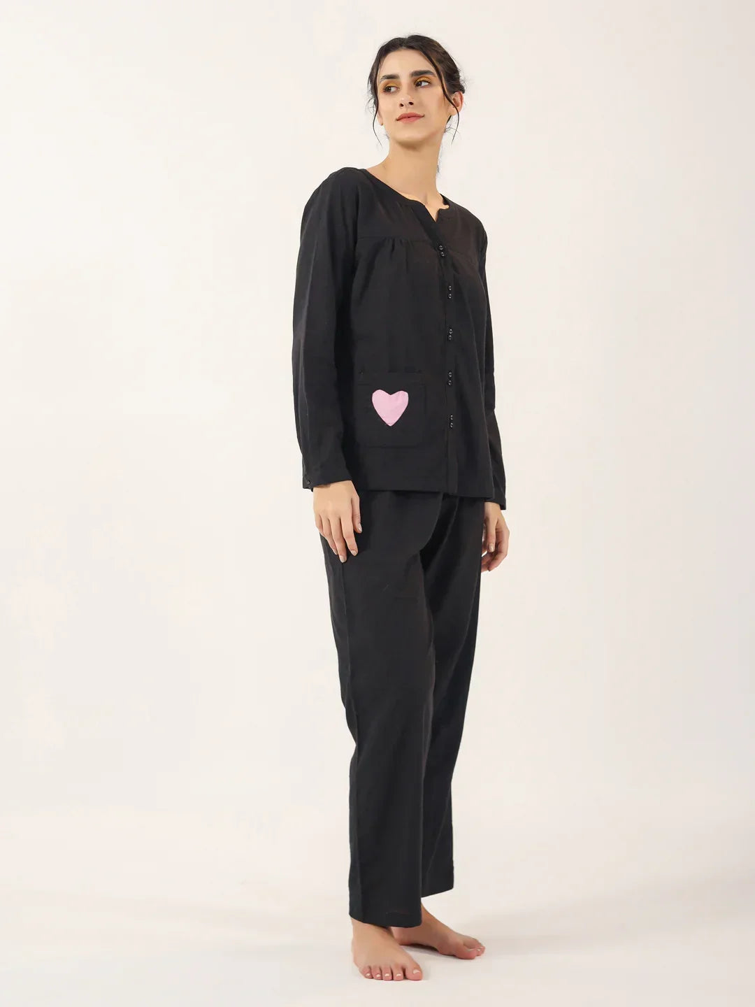 Black solid Cotton Night SUIT - SanskrutiHomes 