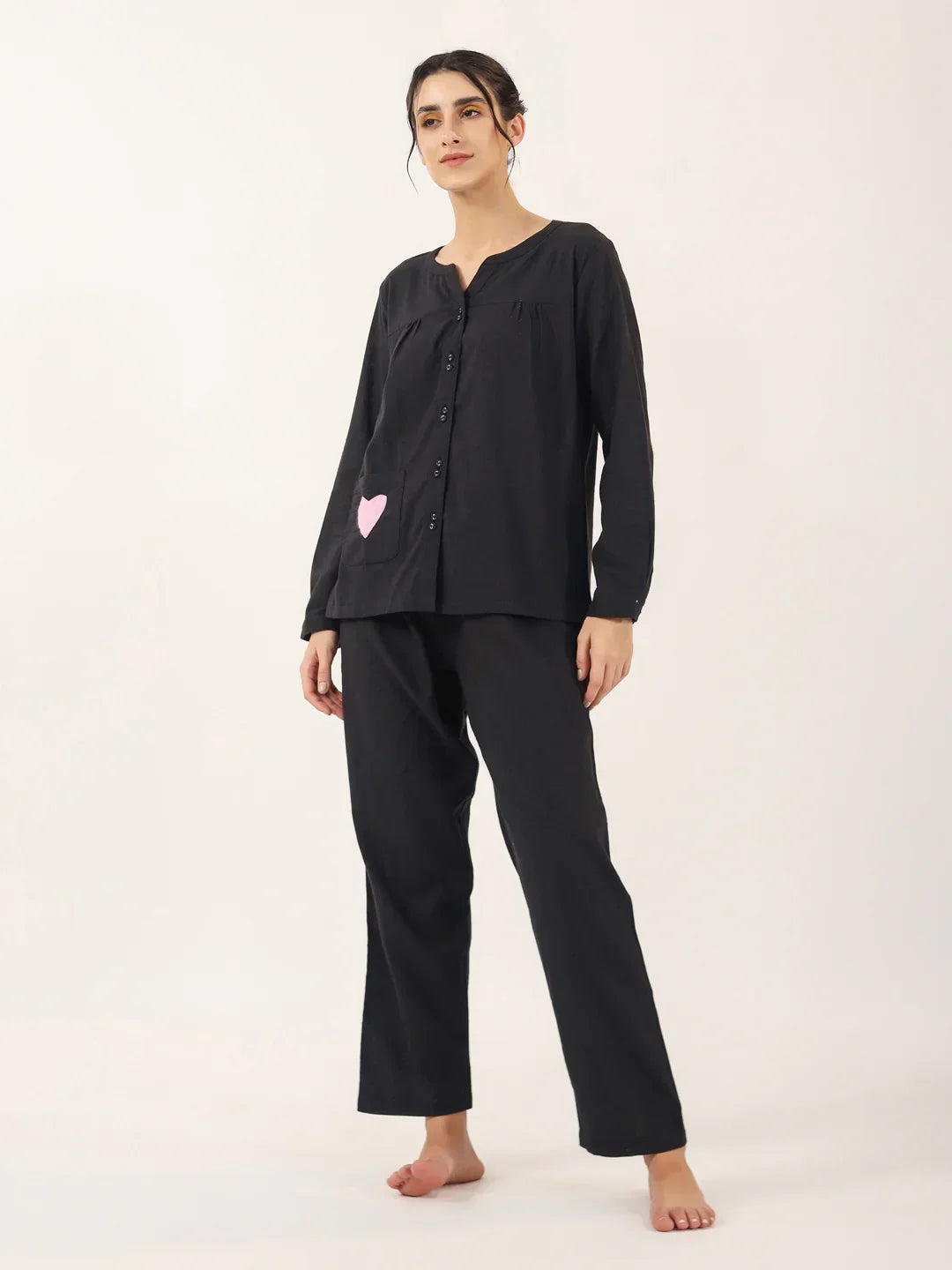 Black solid Cotton Night SUIT - SanskrutiHomes 
