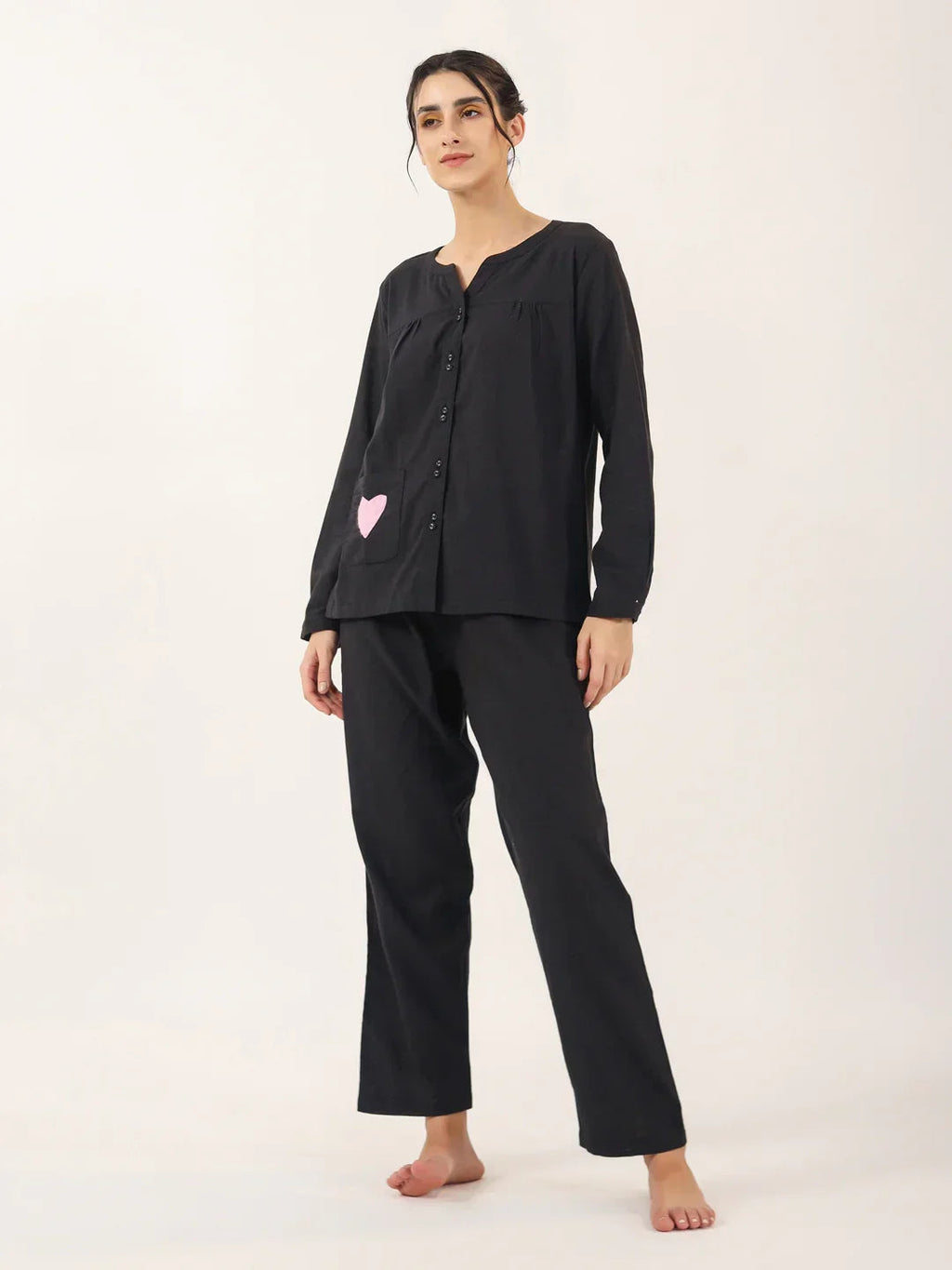 Black solid Cotton Night SUIT - SanskrutiHomes 