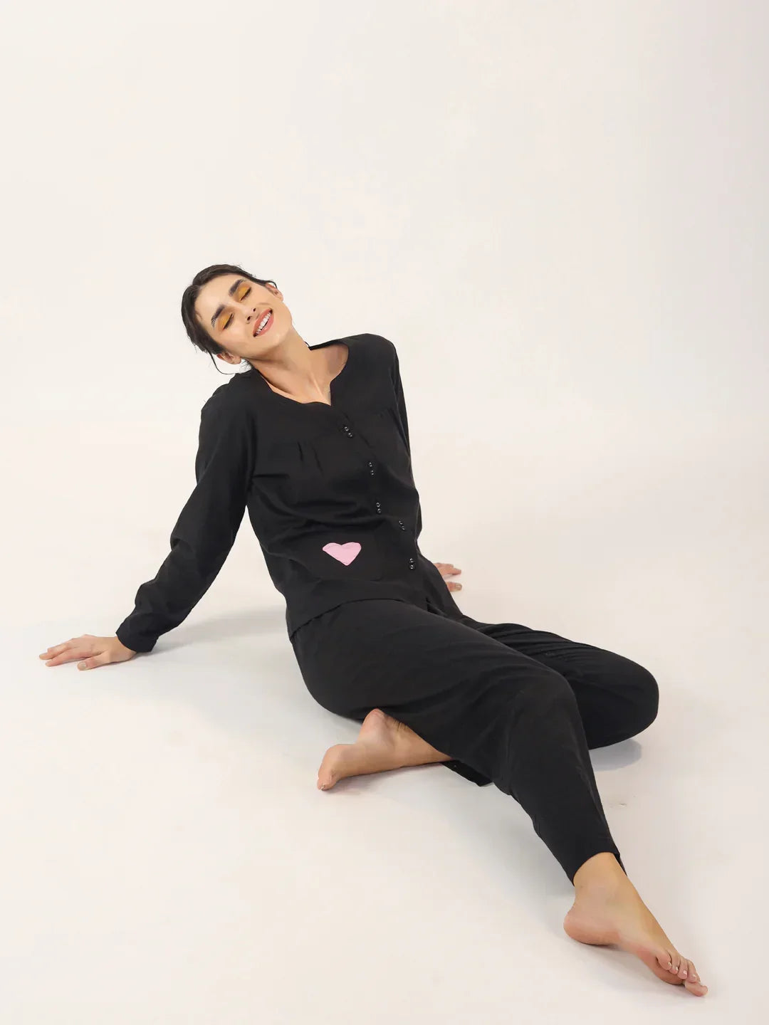 Black solid Cotton Night SUIT - SanskrutiHomes 