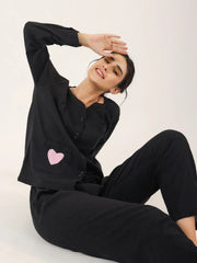 Black solid Cotton Night SUIT - SanskrutiHomes 