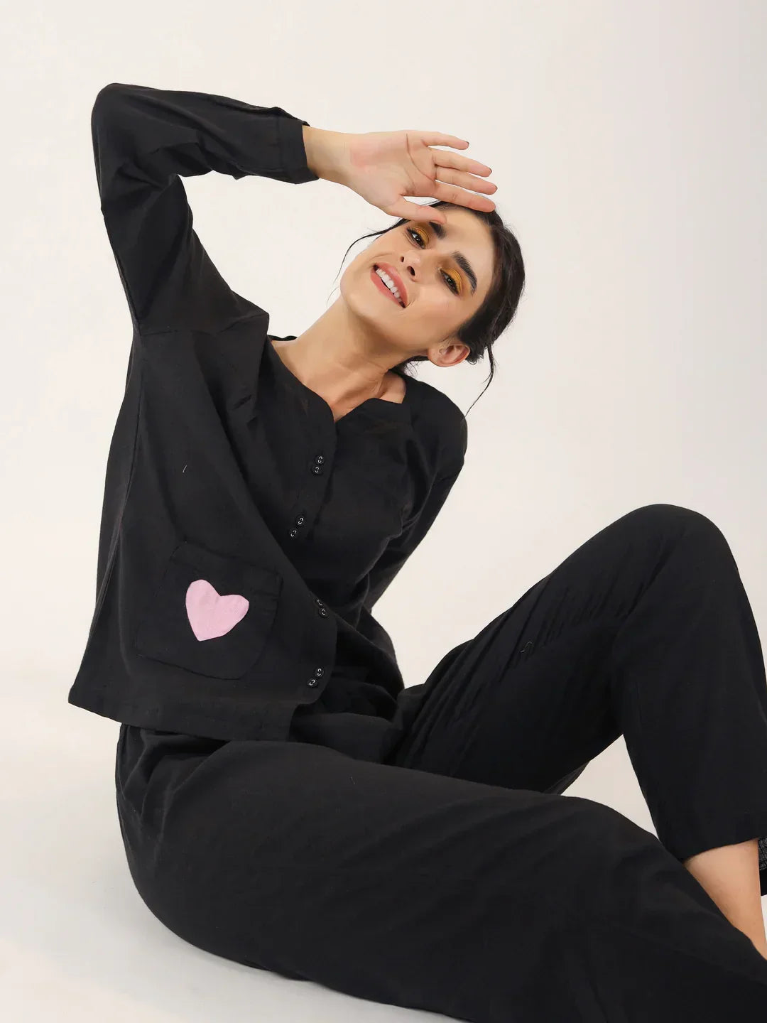 Black solid Cotton Night SUIT - SanskrutiHomes 