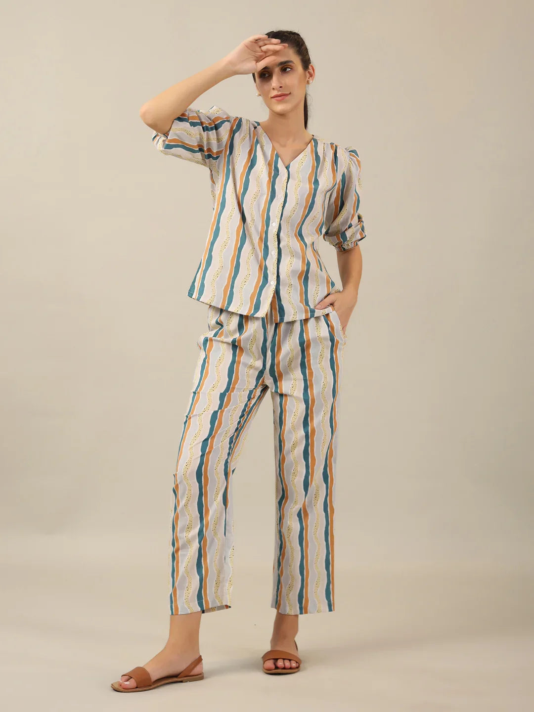Line print Cotton Night SUIT - SanskrutiHomes 