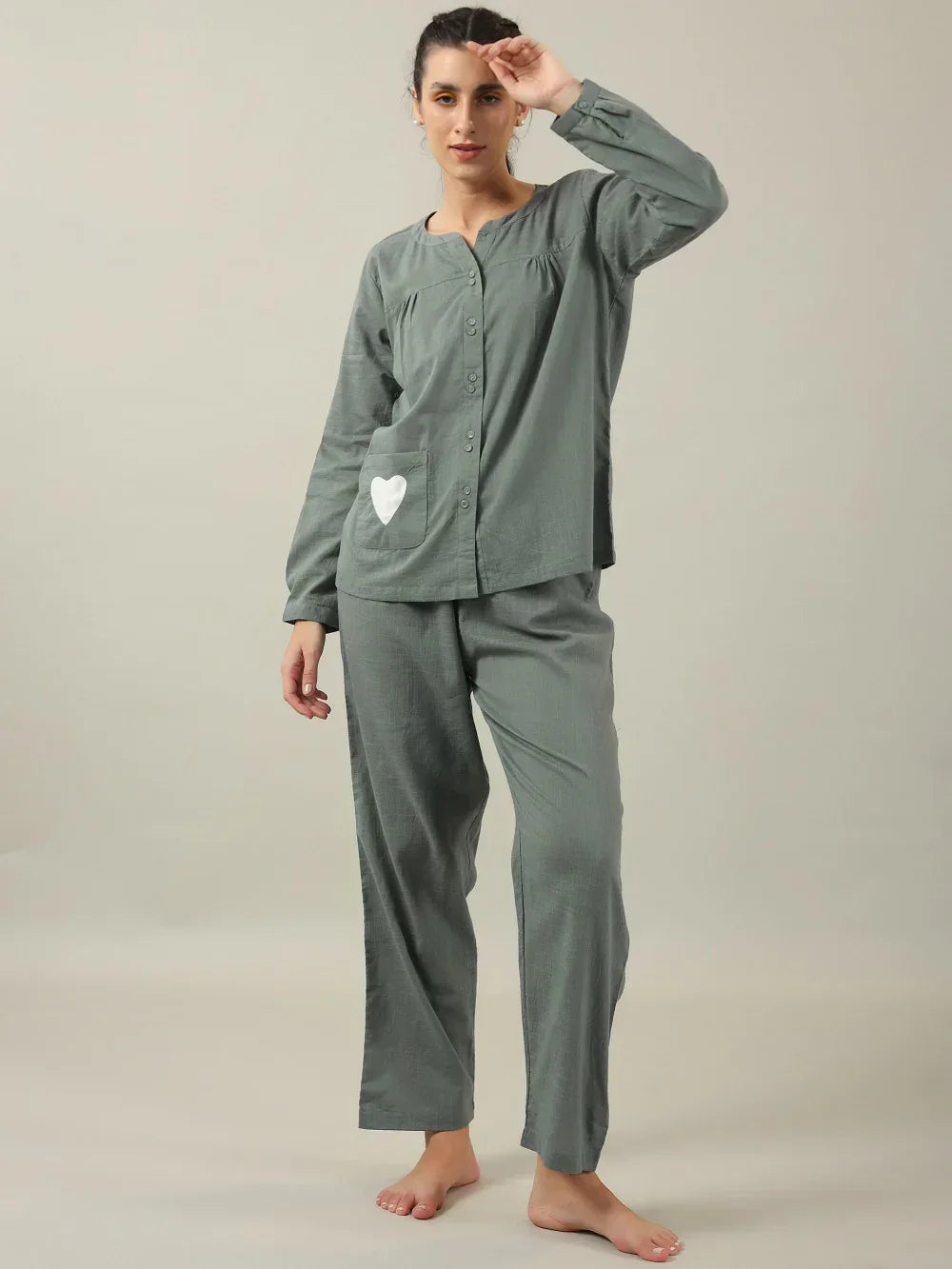 Grey solid Cotton Night SUIT - SanskrutiHomes 