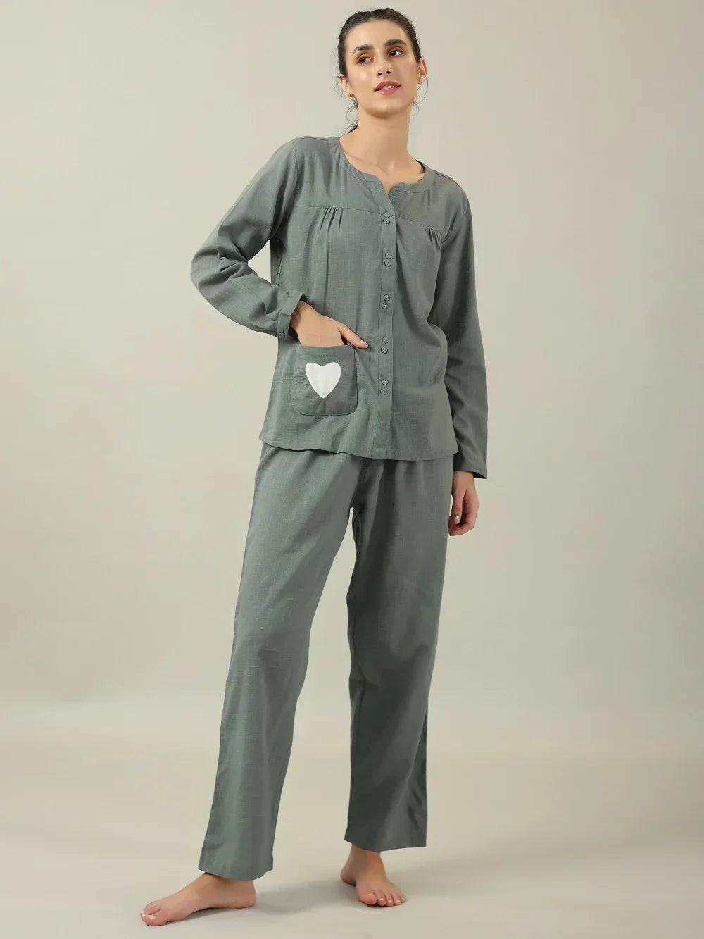 Grey solid Cotton Night SUIT - SanskrutiHomes 