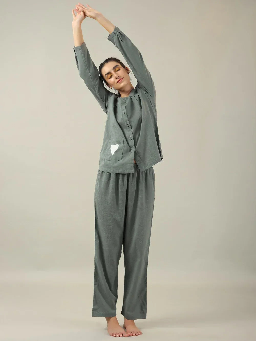 Grey solid Cotton Night SUIT - SanskrutiHomes 