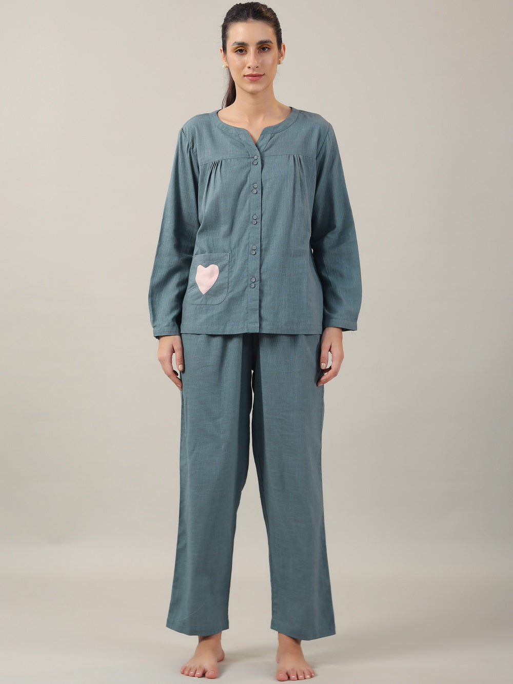 Teal Color Solid Cotton Night Suit For Women