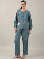 Teal Color Solid Cotton Night Suit for Women - SanskrutiHomes 