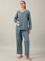 Teal Color Solid Cotton Night Suit for Women - SanskrutiHomes 
