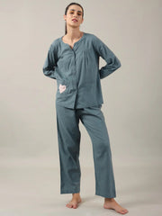 Teal Color Solid Cotton Night Suit for Women - SanskrutiHomes 