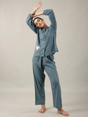 Teal Color Solid Cotton Night Suit for Women - SanskrutiHomes 