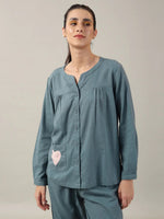 Teal Color Solid Cotton Night Suit for Women - SanskrutiHomes 