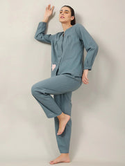 Teal Color Solid Cotton Night Suit for Women - SanskrutiHomes 