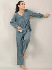 Teal Color Solid Cotton Night Suit for Women - SanskrutiHomes 